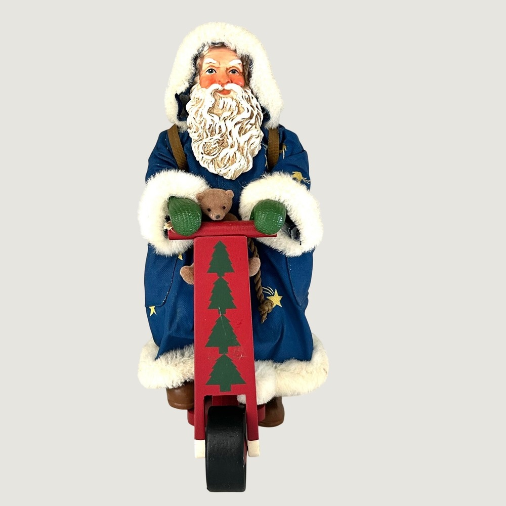 Vintage 10" 1990 Santa Claus Red Wooden Scooter Blue Star Robe Holiday Christmas